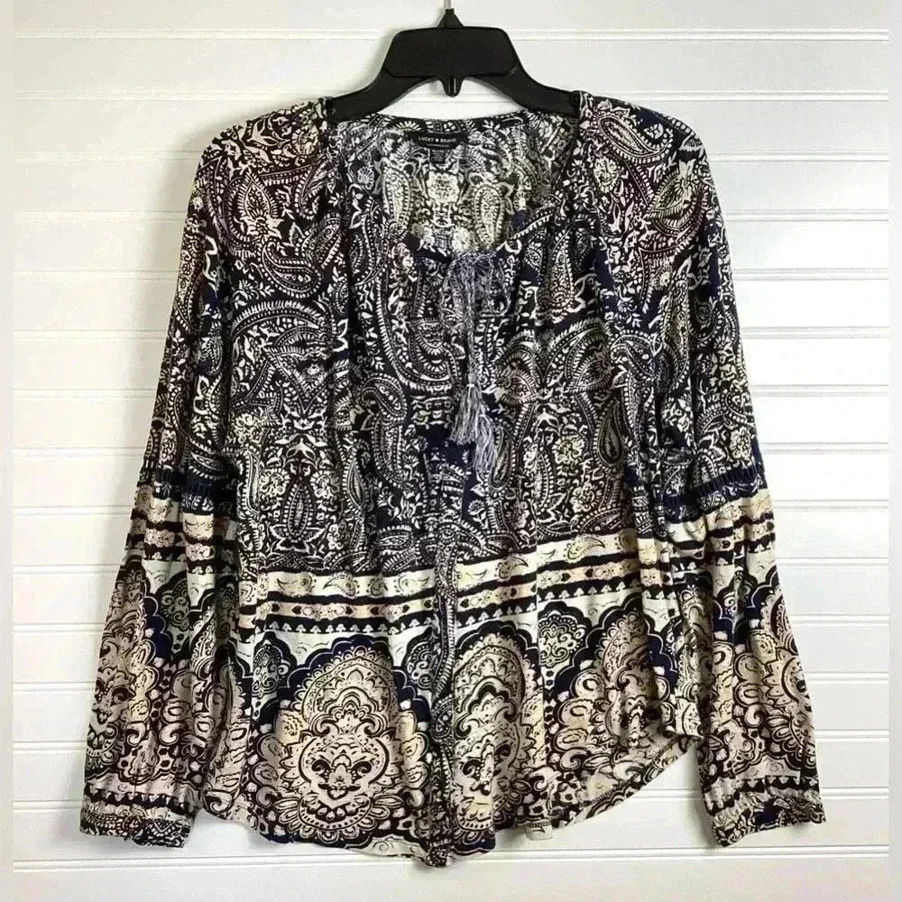 Lucky Brand Women Top XL Blue Paisley Floral Blouse Linen Blend Boho Tassel